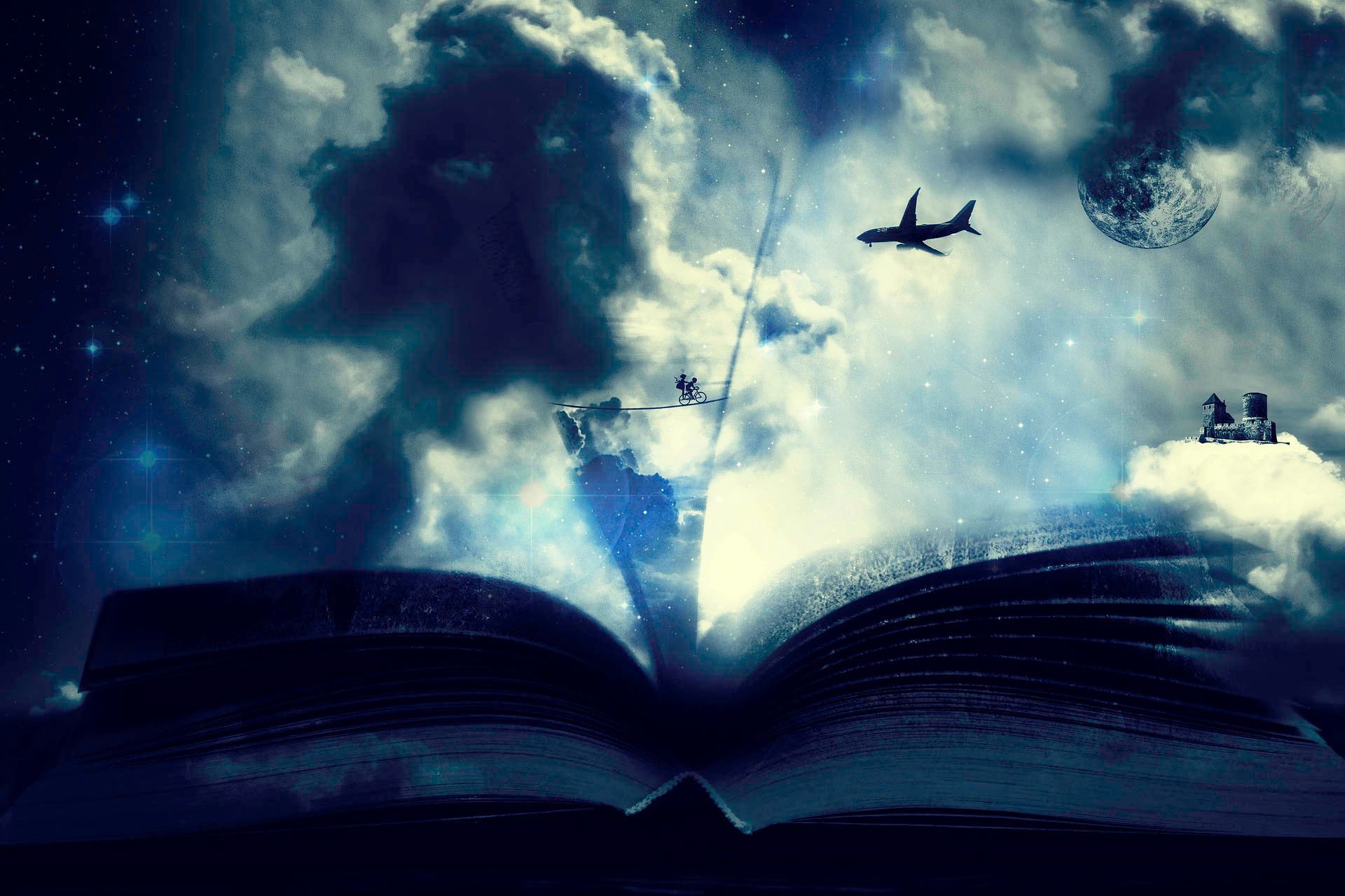 Open book with a night sky and clouds; an airplane, planet, and castle emerge.
